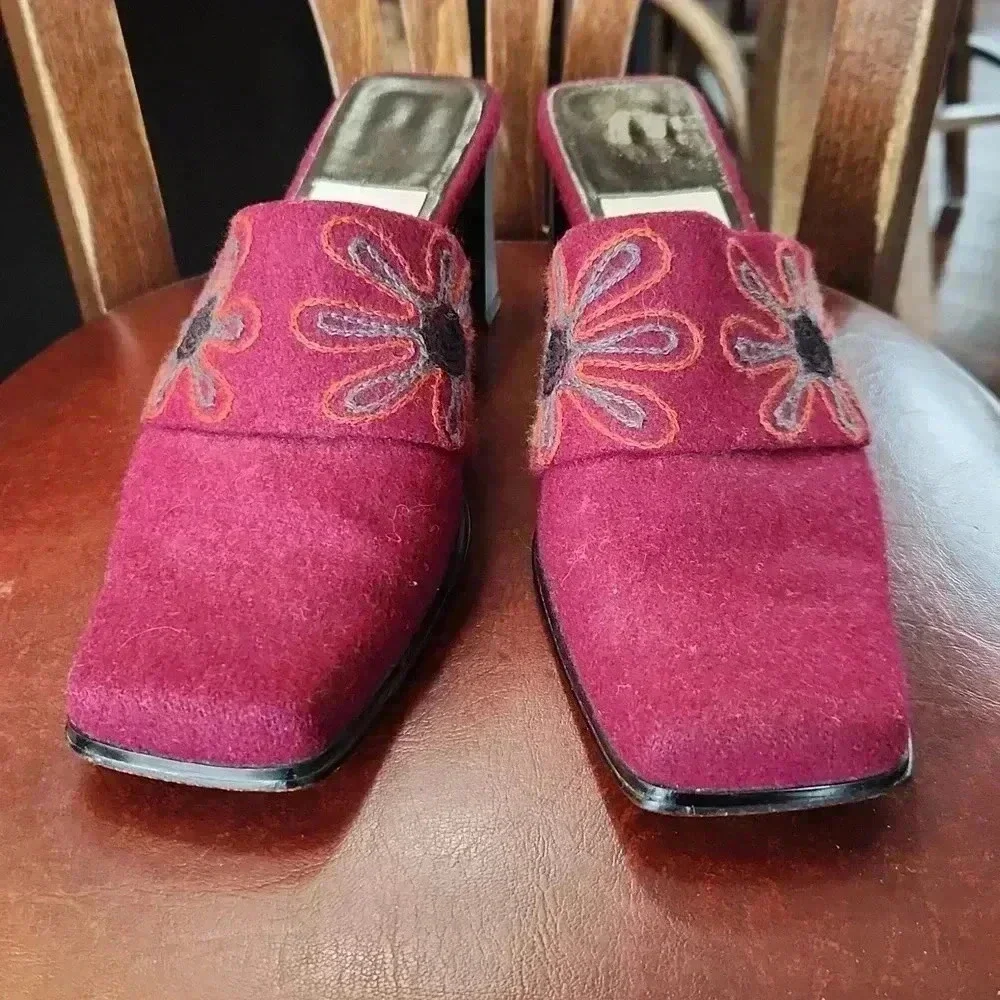 IMPO Embroidered Floral Wool Slides‎ Heels BOHO sz 6.5
